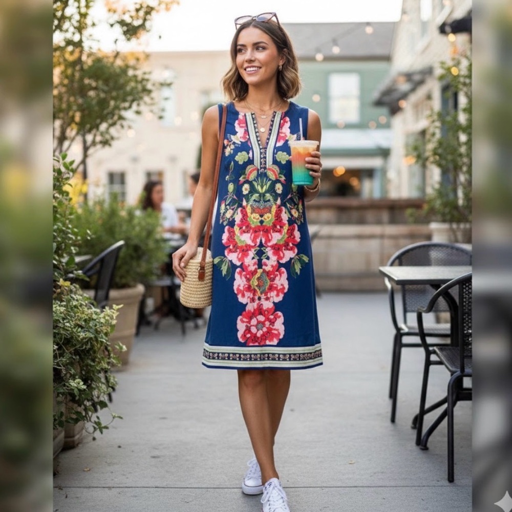 Joan Vass Embellished Blue and Pink Sheath Mini Dress